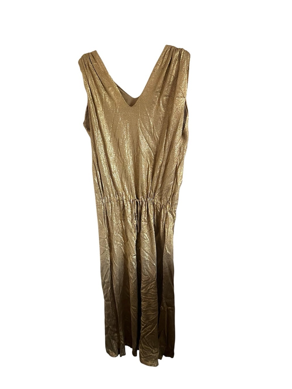 Marina Rinaldi Metallic Gold V-Neck Sleeveless Maxi Dress, size XL